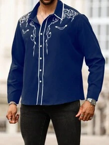Manfinity Homme Plus Size Men's Button-Front Graphic Print Casual Long Sleeve Shirt - Navy Blue - View 5