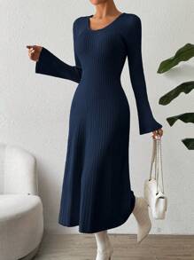 SHEIN Clasi 1 件女士优雅系腰喇叭袖针织长袖连衣裙 - 藏蓝色 - 查看 3
