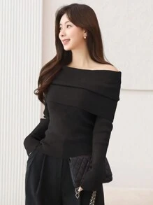 DAZY 女士纯色露肩长袖休闲毛衣，秋冬露肩毛衣，秋季女装 - 黑色 - 查看 3