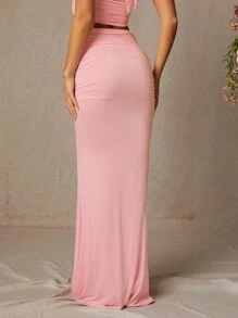 L'Amorae Ropa de invierno para mujer, falda larga elegante de unicolor rosa con volumen en la cintura alta y diseño de cola de pez para boda, fiestas, eventos formales