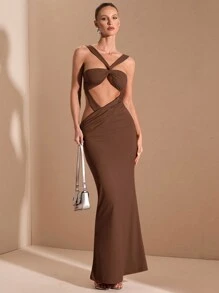 SHEIN BAE rotes gestricktes sexy elegantes minimalistisches Kleid mit Krawattenaufbau und rückenfrei für Frauen, geeignet für Abschlussfeiern, formelle Anlässe, Cocktailpartys, romantische Dates, Herbst-/Winterunterwäsche, Partys, Nachtclubs, Hochzeitsjungfernkleider, Nachtausgehen, Halloween, Weihnachten - Kaffeebraun - Übersicht 6