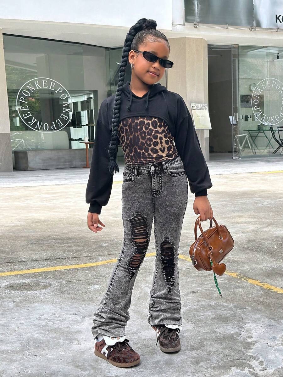 Tween Girls 撕破弹力喇叭牛仔裤,欧美时尚风格 - 灰色 - 查看 1
