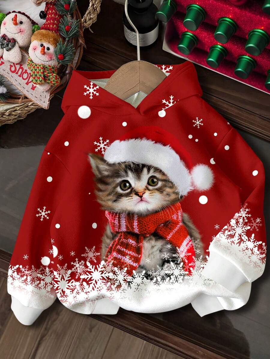 SHEIN Young Girls Casual Loose Round Neck Comfy Daily Wear Cute Cat With Santa Hat Print Cozy Knit Long Sleeve Sweatshirt, Suitable For Autumn/Winter, For Christmas - Multicolor - View 1