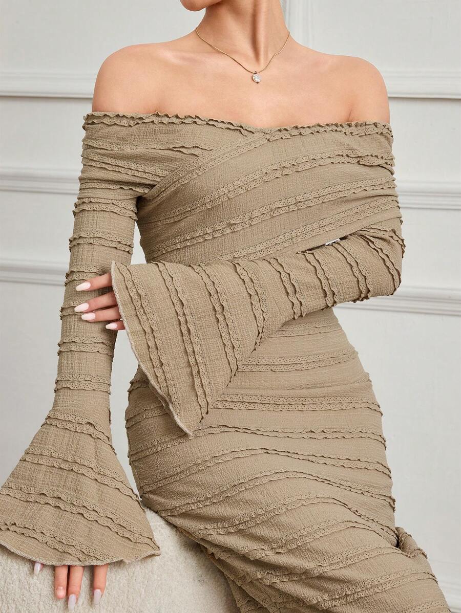Modelyn 1pc Dames Getextureerde Jacquard Slim Fit Flare Mouw Midi Jurk Lange Avondjurken