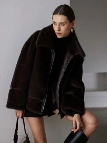 Aveloria Modichic Chaqueta de invierno de lujo con parches de piel de visón y, estilo retro americano con abrigo esponjoso, cremallera metálica, ropa de abrigo casual gruesa y cálida para mujer. Chaqueta de aviador con forro de borrego para ropa de fiesta navideña