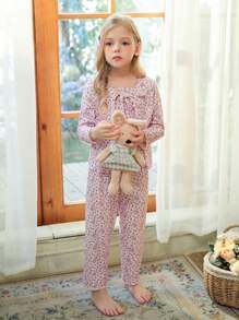 3pcs/Set Young Girl Cute Rabbit Allover Print Long Sleeve Top, Jumpsuit And Camisole Homewear Set - Pink - View 1