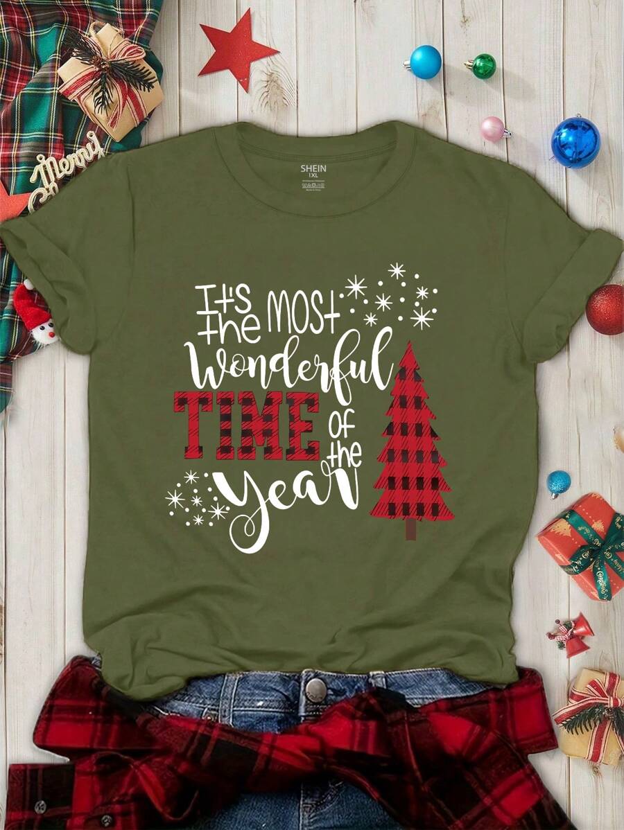 SHEIN LUNE Áo thun in họa tiết cây thông Noel vui vẻ cỡ lớn dành cho nữ, thời trang nhất, tuyệt vời nhất trong năm, áo phông họa tiết dành cho nữ - xanh quân đội - Xem 1