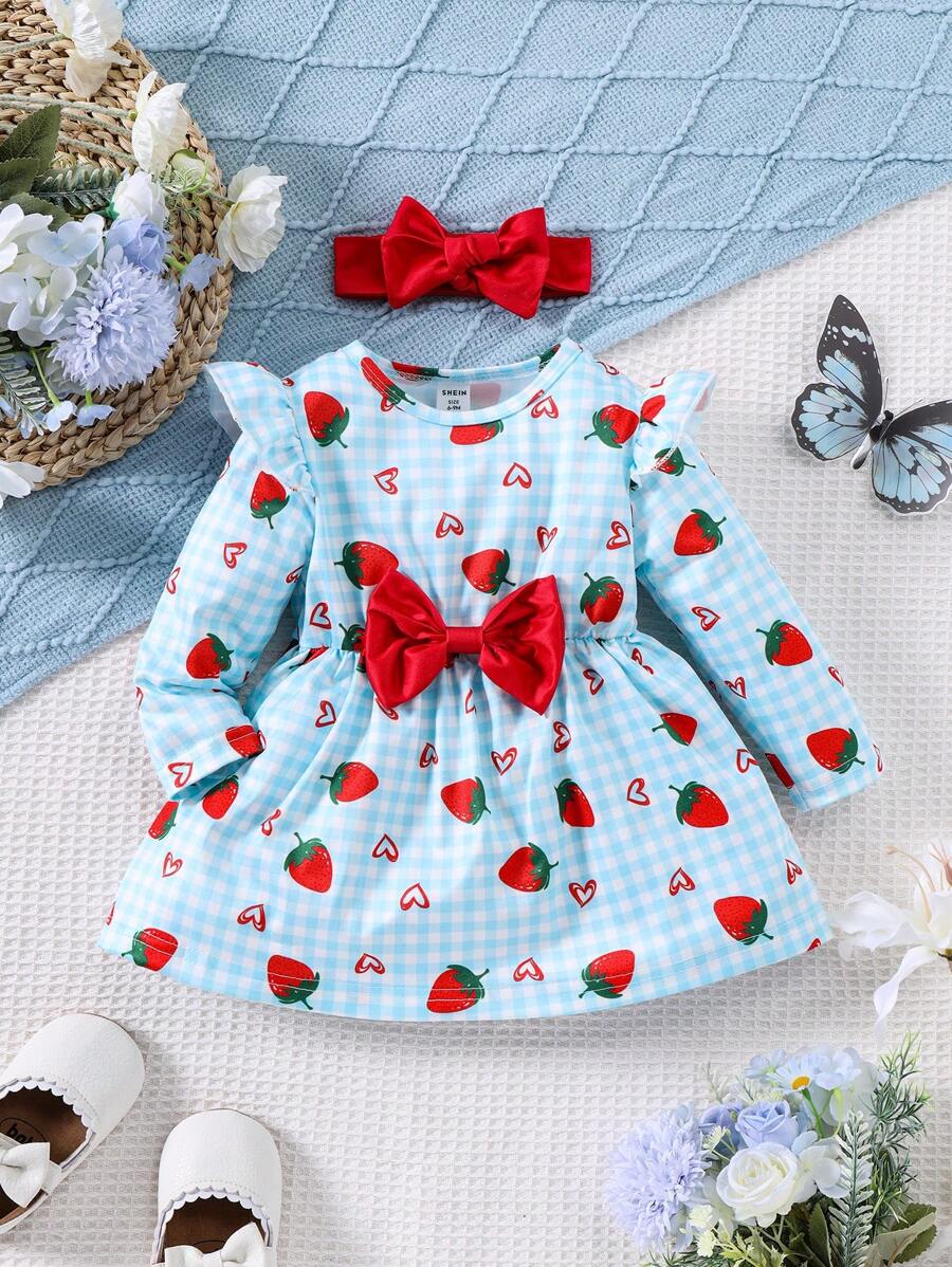 SHEIN Váy in hình ông già Noel dễ thương cho bé gái mặc ngày lễ Giáng sinh thoải mái kèm băng đô - Màu xanh lam - Xem 1