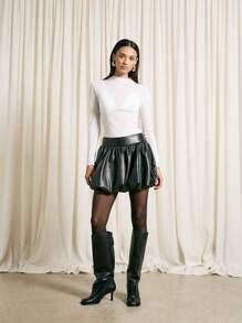 AiiRZ Faux Leather Bubble Hem Mini Skirt - Black - View 2