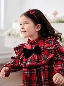 SHEIN 女婴红色圣诞格子荷叶边蝴蝶结长袖连衣裙，可爱校园风格，秋冬 - 紅色 - 查看 5