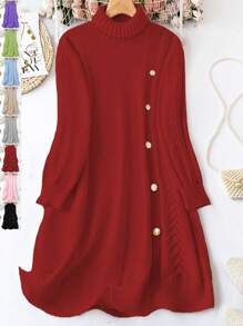 SHEIN Unity Plus Size Women Beige High Neck Button Decor Drop Shoulder Loose Elegant Sweater Dress, Suitable For Autumn And Winter - Burgundy - View 1