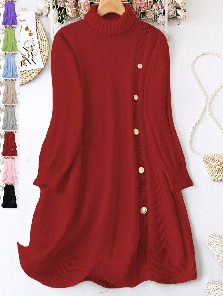 SHEIN Unity Plus Size Women Beige High Neck Button Decor Drop Shoulder Loose Elegant Sweater Dress, Suitable For Autumn And Winter - Burgundy - View 1