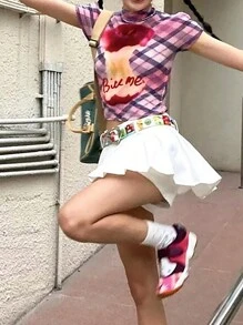 INAWLY Women's Stand Collar Short Sleeve Pattern Minimal Casual T-Shirt Graphic Tees Women Tops