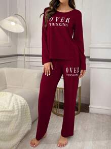 Lazeform 字母印花长袖上衣和长裤睡衣套装，秋冬舒适优雅细节 - 紅色 - 查看 7