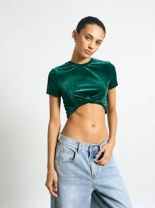 AiiRZ 奢华翡翠天鹅绒扭纹前短款上衣，非常适合圣帕特里克节庆祝活动爱尔兰主题派对短袖晚间节日节日魅力服饰 - 綠色 - 查看 1