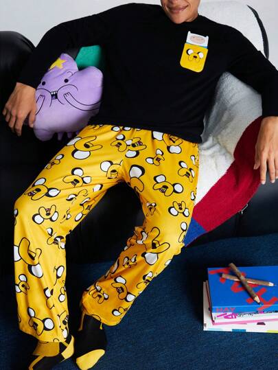 ADVENTURE TIME X SHEIN Herrset med stickad svart t-shirt med fickmönster och gula jackbyxor i två delar, höst- och vinterkläder