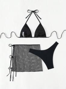 SHEIN Swim Bộ 3 món đồ đi biển mùa hè cho nữ - Áo tam giác lưới gợi cảm, váy ngắn dây rút, bikini - màu đen - Xem 6