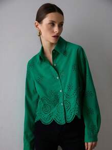 Aveloria Modichic Áo sơ mi cài nút tay dài thêu đơn giản màu xanh lá cây tối giản đa năng dành cho nữ, quần áo dự tiệc ngày lễ, áo sơ mi cài nút dành cho nữ - màu xanh lá - Xem 4
