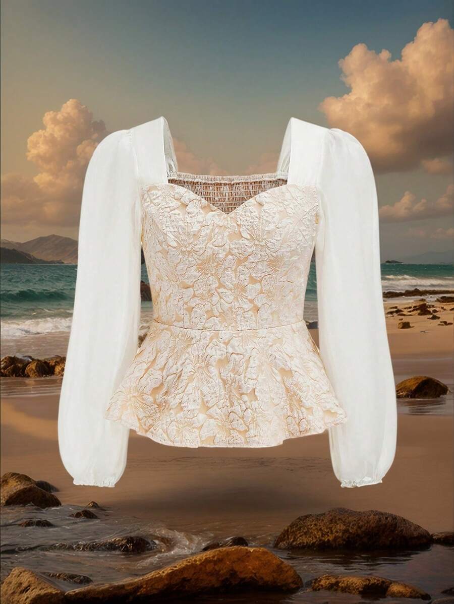 Flirla Blusa plus size de malha contrastante com corte slim e jacquard, outono/inverno - Damasco - Ver 1