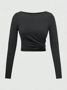 SHEIN Clasi Femmes Ensemble 2 pièces avec Top à manches longues col bateau unicolore avec design torsadé et Jupe Mini plissée