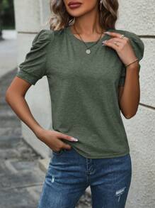 INAWLY Women Solid Color Round Neck Short Puff Sleeve Casual T-Shirt - Army Green - View 5