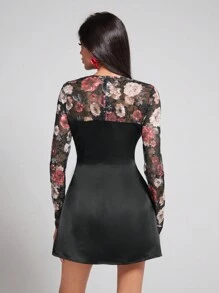 COSMINA Vestido corto elegante de manga larga con escote cuadrado, estampado floral y patchwork para mujer - Multicolor - Ver 2