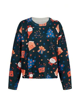 Ayrana Barboza 艺术家圣诞绿色圣诞树和雪人印花宽松圆领针织毛衣，适合秋冬季、节日、新年、度假、节日