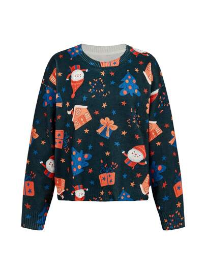 Ayrana Barboza Jersey holgado de punto con cuello redondo con estampa de árbol de Navidad verde y muñeco de nieve, apropiado para otoño/invierno, vacaciones, Año Nuevo, festividades