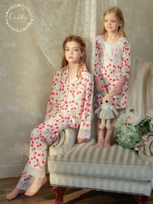 SHEIN 2pcs Tween Girls Elegant Lace Woven Print Long Sleeve Top And Long Pants Comfy Loungewear Set