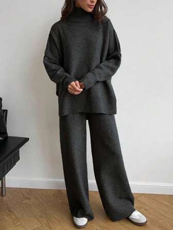 Cévolie 2pcs Women's Solid High Neck Dropped Shoulder Long Sleeve Sweater And Knit Pants Casual Set, Autumn/Winter