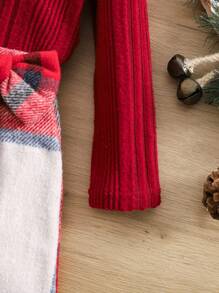SHEIN Leap Crew 2pcs/Set Baby Girl Solid Color Knitted Turtleneck Top & Red & White Plaid Mini Skirt, Autumn/Winter
