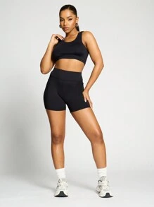 SUMWON WOMEN 平纹针织短款背心和高腰跑步短裤两件套 - 黑色 - 查看 4