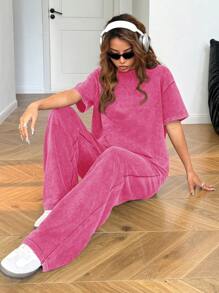 SHEIN EZwear Bộ đồ thể thao rộng rãi cổ tròn tay ngắn ống đứng giặt rách thoải mái cho mùa thu/đông - Màu Hồng Tươi - Xem 6