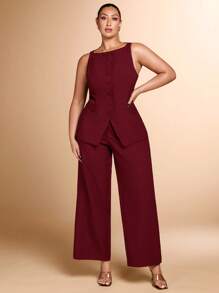 SHEIN BAE Plus Size 2pcs Elegant Daily Commuting Women's Red Boat Neck Sleeveless Vest And Wide-Leg Trousers Business Commuting Two-Piece Suits Women Set