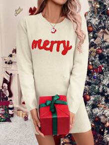 SHEIN LUNE Váy len họa tiết chữ Giáng sinh cho nữ - trắng - Xem 3