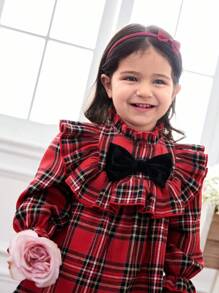 SHEIN 女婴红色圣诞格子荷叶边蝴蝶结长袖连衣裙，可爱校园风格，秋冬 - 紅色 - 查看 4