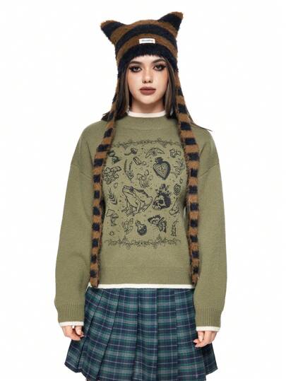 Fairycore Suéter de mujer con cuello redondo de punto vintage con gráfico de rana y hongo y contraste de color