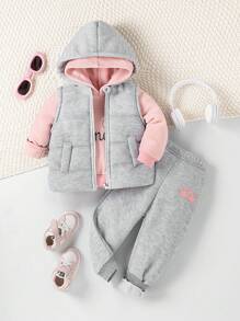3 Peças Conjunto de Moda Bebê Menina: Moletom com Capuz Estampa de Letras, Colete Acolchoado e Calça de Moletom, Estilo Princesa Fofo, Quente e Confortável para Outono/Inverno, Conjunto Essencial - Multicolorido - Visão 1