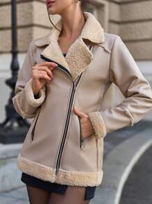 SHEIN Cottnline Faux Leather With Teddy Lining, Zip Up Winter Coat - Beige - View 4