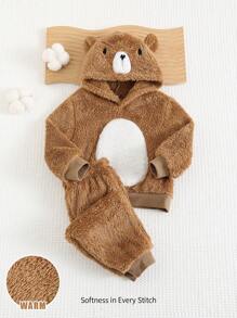 Cozy Pixies 2 件套男婴卡通熊图案 3D 耳朵连帽长袖套头衫和慢跑裤套装 - 棕色 - 查看 13