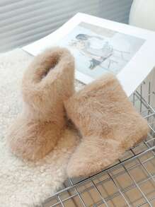 1 双儿童冬季可爱温暖毛绒靴，女童舒适百搭毛绒雪地靴，女童中筒时尚靴 - 卡其色 - 查看 1