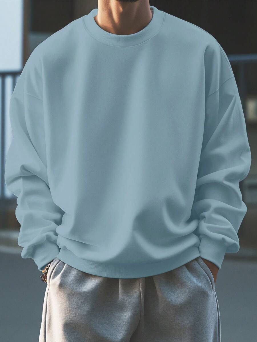 Manfinity Dauomo Men Solid Thermal Lined Sweatshirt - Dusty Blue - View 1