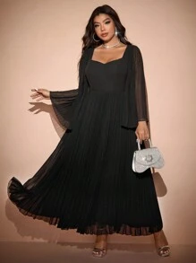 Allurite Plus Size Elegant Banquet Strapless Square Collar Flared Waist Slim Long Black Dress With Inner Lining, Pleated Pearl Chiffon Long Sleeve, For Spring/Autumn Maxi Women Outfit