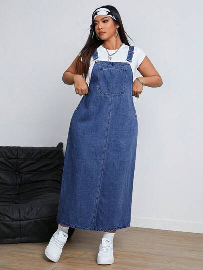 SHEIN ICON Plus Size Enfärgad ärmlös denimklänning med fickor