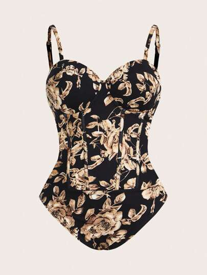 Sweetra Plus Size Floral Print Bodysuit, Casual & Versatile For Commuting, For Summer