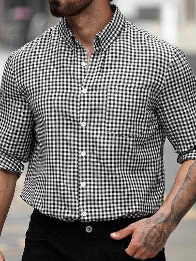 Manfinity Homme Koszula męska w kratę, z nadrukiem, kieszenią na guziki z przodu, z długim rękawem, na co dzień, na co dzień, na jesień