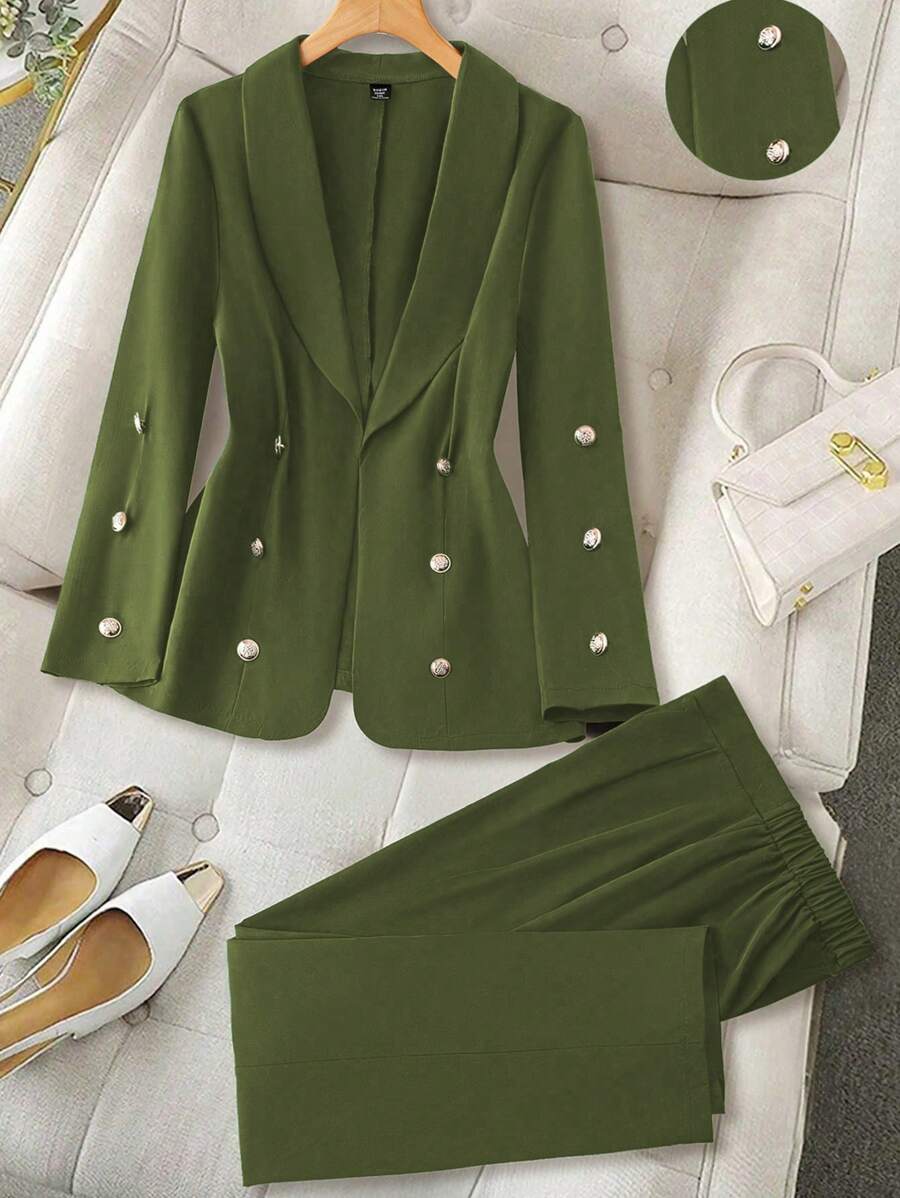 Celure Bộ đồ vest blazer và quần dài tay cổ khăn choàng màu trơn cỡ lớn cho nữ, mùa thu - xanh quân đội - Xem 1