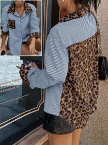 Elyressa Women's Leopard Print Patchwork Striped Open Front Shirt Autumn Cloth For Women Going Out Work Blue And White Striped Hip Hop Rave - Royal Blue - View 1