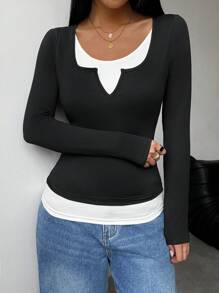 SHEIN LUNE Blusas simples de unicolor con costuras de manga larga para el ocio diario de las mujeres
