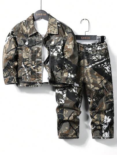 SHEIN Young Boys New Fashion American Style Camouflage Denim Jacket + Loose Fit Straight Leg Cargo Jeans 2pcs Outfit, School, Campus, College Chic Outfits For Autumn/Winter